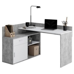 Rhyl Corner Wooden Computer Desk In Concrete Effect And White