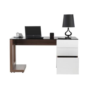 Sorbose Black Glass Top Laptop Desk In Walnut And White